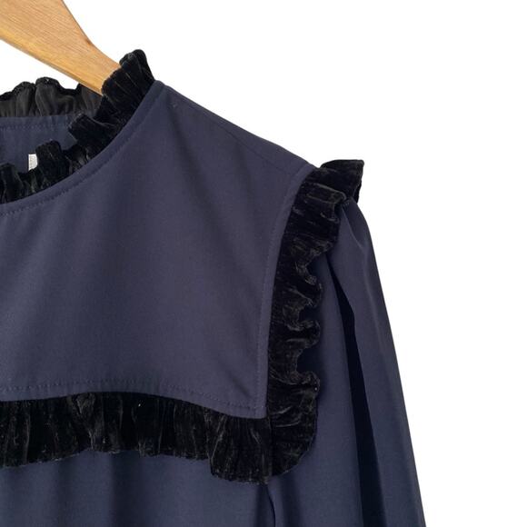 Crosby by Mollie Burch Navy Blue Black Velvet Ruffle Trim Blouse size medium - Picture 2 of 9